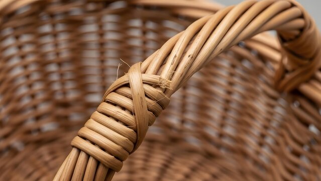 Close-up of a handcrafted wicker basket handle featuring intricate weaving techniques and natural brown textures for rustic home decor
