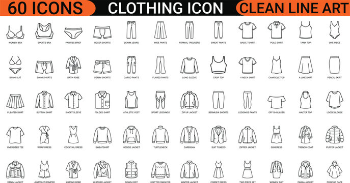 Clothing line art icons set, fashion apparel, t-shirt, dress, pants, jacket, underwear, sweater, skirt, Web icon, App icon, Outline icon, Editable stroke, line art, Vector EPS