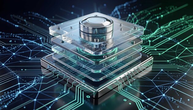 Premium abstract algorithm engine with luminous computational network and crystal technology background