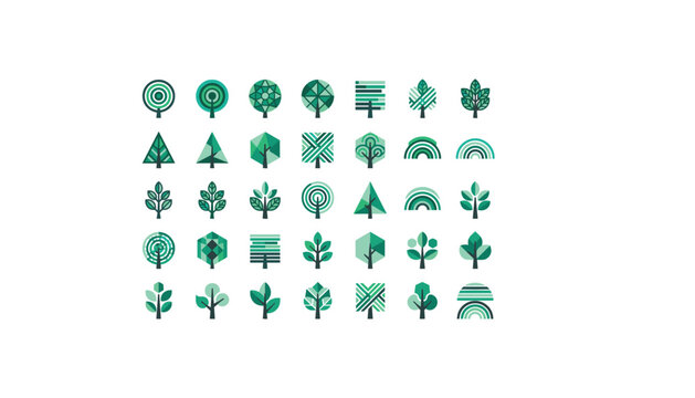 Geometric green tree icons set with abstract shapes stripes and polygons flat eco design vector illustration collection
