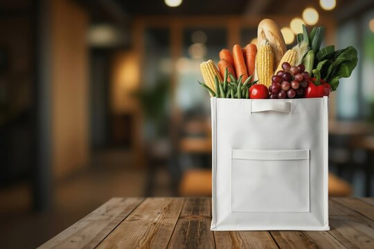 Reusable grocery bag filled with fresh vegetables, fruits, and bread