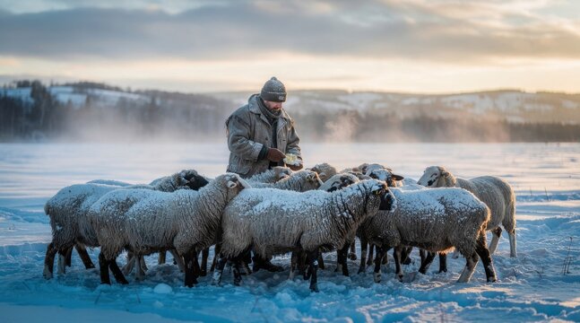 Shepherd feeding his flock of sheep in a vast snowy winter landscape at sunrise