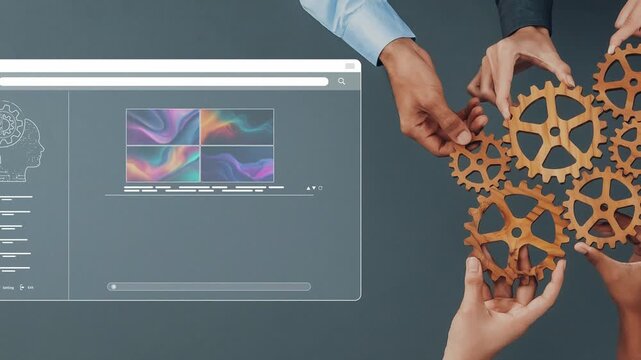 Two hands interact with a modern digital interface showcasing abstract visuals. This image symbolizes collaboration and innovation in a contemporary workspace setting. Raster