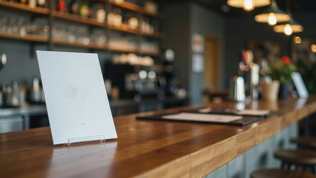 Blank menu card on a wooden bar counter in a blurred restaurant interior