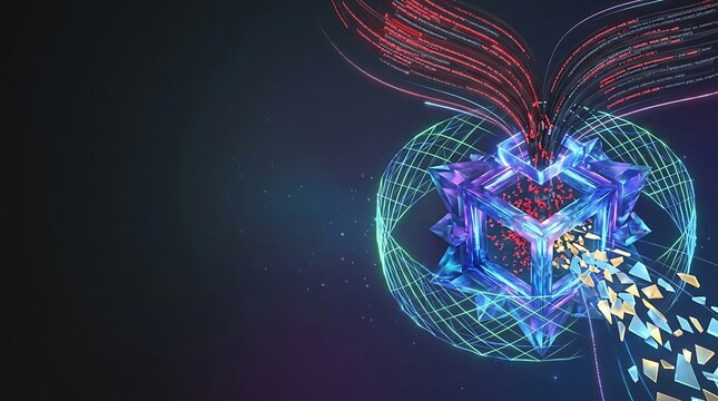 Abstract glowing digital cube with streaming code and data particles