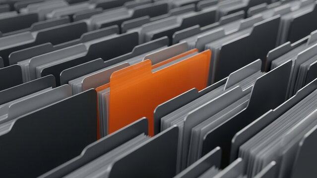 Close-up of rows of gray office file folders with one bright orange folder highlighted in the center, illustrating data organization, search results, and standout information.