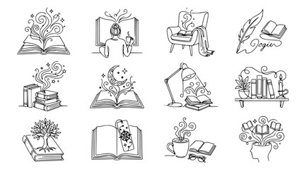 Fototapeta premium Collection of Hand-Drawn Illustrations of Books, Reading, and Imagination