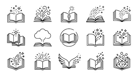 Open books with magic sparkles, stars, and fireworks - collection of icons © Malam