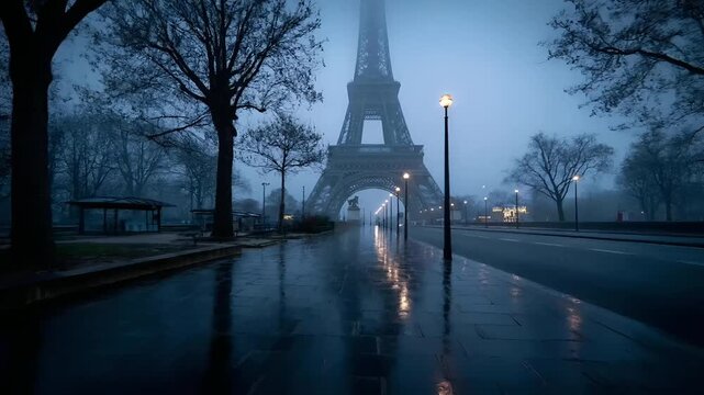 Paris, France, Europe. A moody, atmospheric photograph of the Eiffel Tower in Paris, France, bathed in a misty blue hue. The Eifel Tower stands tall against a backdrop of a hazy sky.