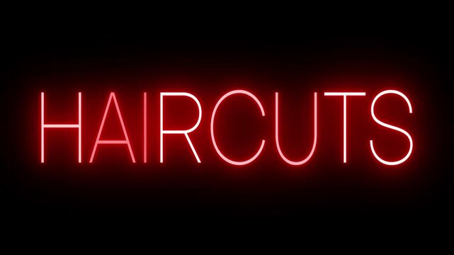 Red Neon HAIRCUTS Sign Flickering on Black Background