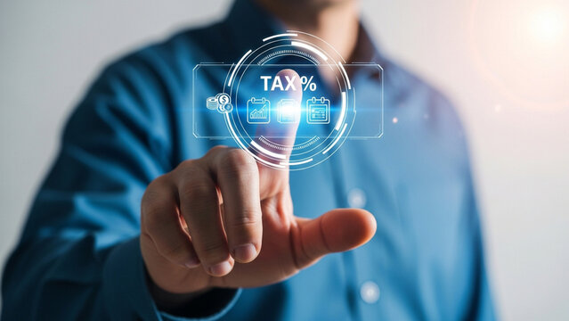 Businessman finger touching a digital virtual interface showing tax percentage calculation icon with financial charts and documents for accounting and fiscal management.