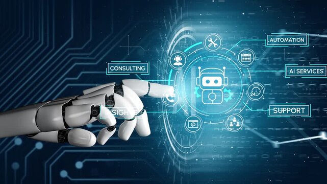 Futuristic robotic hand interacting with digital interface showcasing AI services, support, automation, and consulting in a high-tech environment. Entropy.