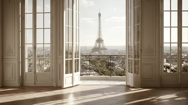 Paris, France, Europe. A detailed, vintagestyle photograph of an opulent room with a panoramic view of the Eiffel Tower. The room features ornate white doors with intricate designs.