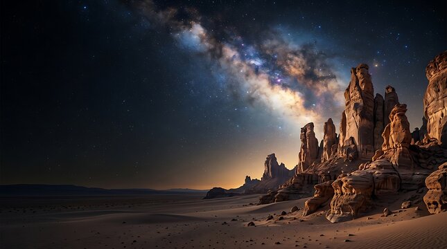 Majestic milky way galaxy glowing over desert rock formations