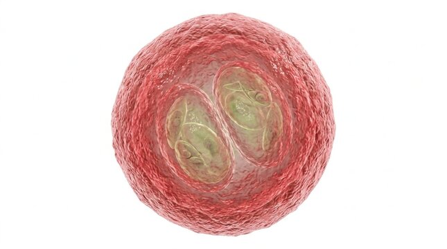 3D illustration of Toxoplasma gondii oocyst, a parasitic protozoan causing toxoplasmosis, shown with internal sporocysts containing sporozoites, isolated on white background for medical science study