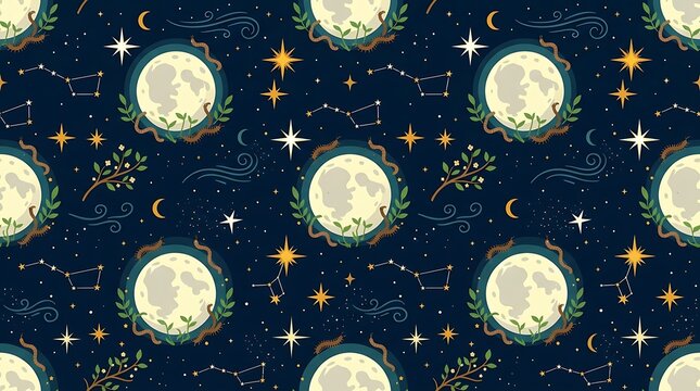 Seamless celestial pattern with full moon stars and centipedes