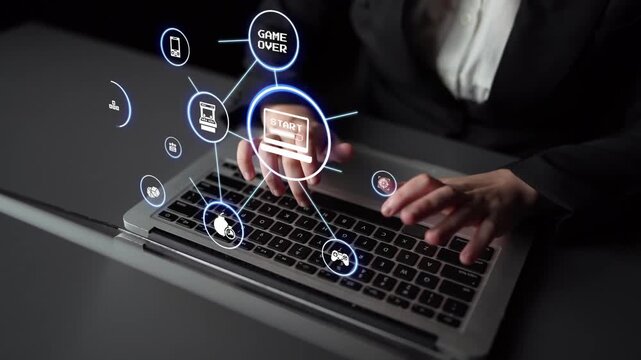 Gaming icons show online gaming, game streaming, and interactive play. Gaming supports esports, game community, and digital gaming experience. Funnel