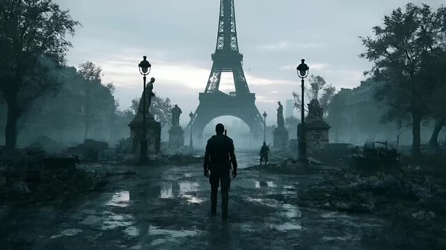 Paris, France, Europe. A moody, atmospheric portrayal of the Eiffel Tower in Paris, France. The scene is set in a postapocalyptic world, characterized by the dark, foggy atmosphere.