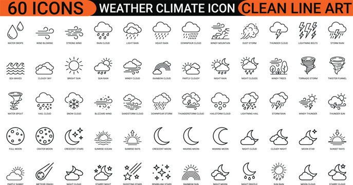 Weather climate forecast line art icons set, bright sun, rain cloud, snowflake, tornado, crescent moon, rainbow, thermometer, Web icon, App icon, Outline icon, Editable stroke, line art, Vector EPS