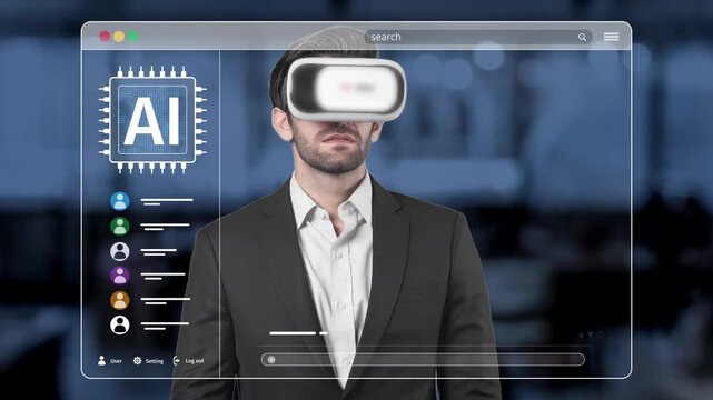A man wearing a virtual reality headset stands before a futuristic computer interface showcasing AI algorithms and vibrant abstract graphics, symbolizing digital innovation. Raster