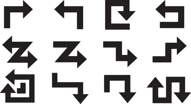 Set of geometric black directional arrow vector icons