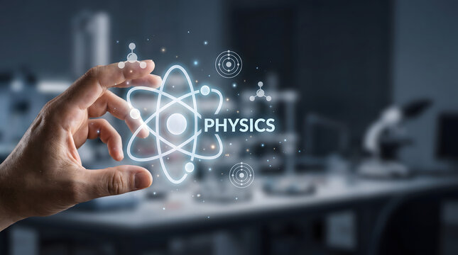 Modern physics research concept with glowing atom hologram representing science and advanced discovery