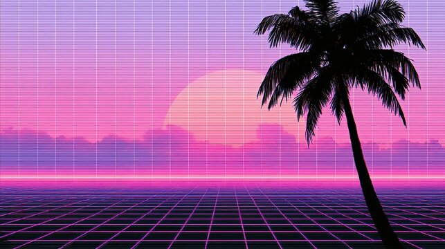 Sunset palm tree vaporwave pink purple grid