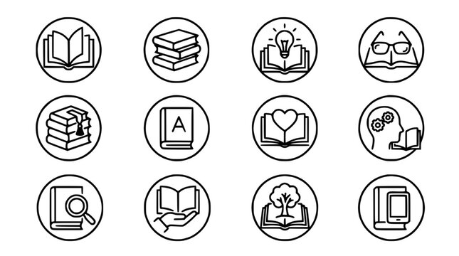 Set of Book Icons: Reading, Education, Knowledge, Learning, Ideas, Research, Brainstorming, Digital Library