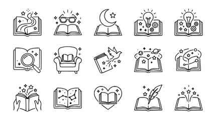 Collection of hand-drawn book icons representing imagination, knowledge, and creativity © Roti