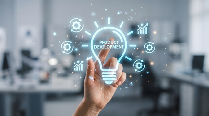 Obraz premium Creative product development strategy concept showing innovation process with digital holographic lightbulb