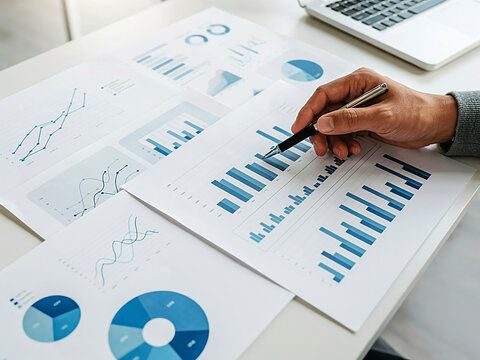 Business professional analyzing financial charts and data reports on desk with laptop in modern office environment