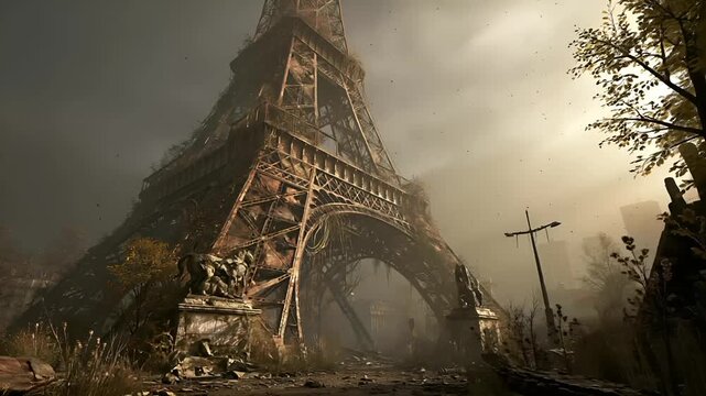 Paris, France, Europe. A detailed digital artwork depicts the Eiffel Tower in a postapocalyptic setting. The eiffel tower is the focal point.