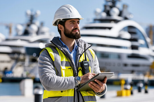 Shipyard worker safety helmet luxury yacht engineer inspector clipboard marina Confident shipyard worker safety helmet luxury yacht engineer inspector clipboard marina supervision outdoor harbor