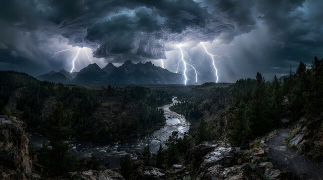 Epic panoramic view of a massive supercell storm with multiple lightning strikes over a rugged mountain valley.