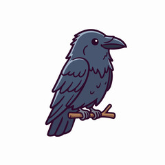 Fototapeta premium Cute cartoon illustration of a black raven perched on a wooden branch isolated on a white background.