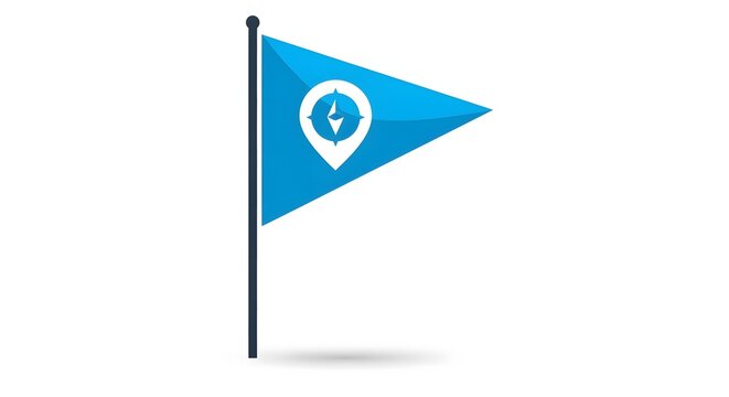 Blue triangular flag featuring a location pin icon with a lightning bolt symbol represents a digital navigation point.
