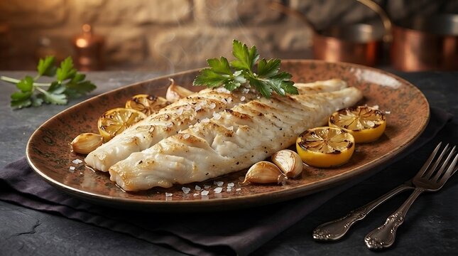 Grilled white fish fillet served on a rustic plate with charred lemon, roasted garlic, and fresh parsley garnish in a kitchen setting