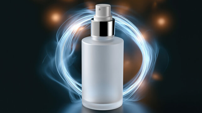 Frosted glass spray bottle with silver nozzle and cap, surrounded by glowing blue light ring and soft orange bokeh, on dark background, modern cosmetic packaging design
