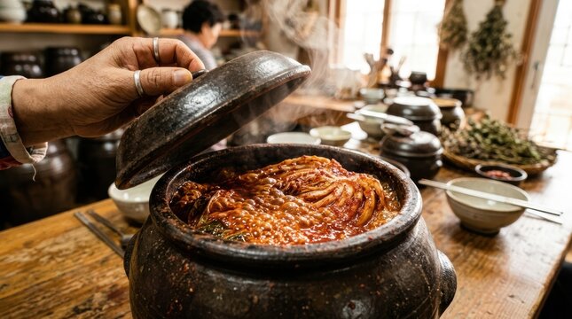 A close-up of a fermented kimchi jar being opened, the aroma rising, the kimchi vibrant red and glossy. The jar is traditional onggi (earthenware), the kimchi is bubbling.