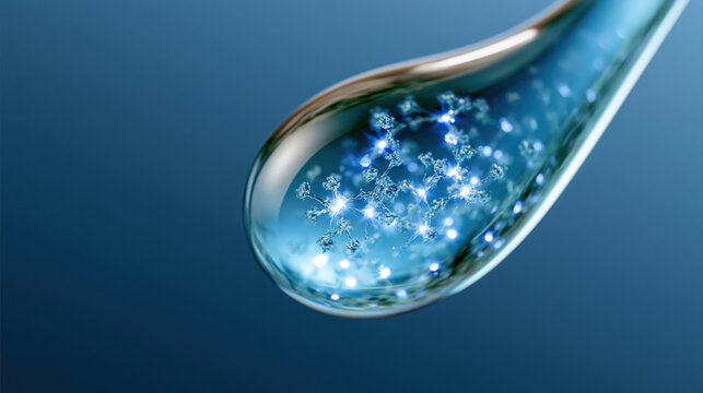 Blue drop with glowing light inside reflects delicate flower, macro photography captures clear liquid detail with smooth surface and soft background for calming effect