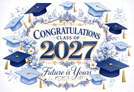 Beautiful graduation design with caps flowers and class of 2027 celebration message for success