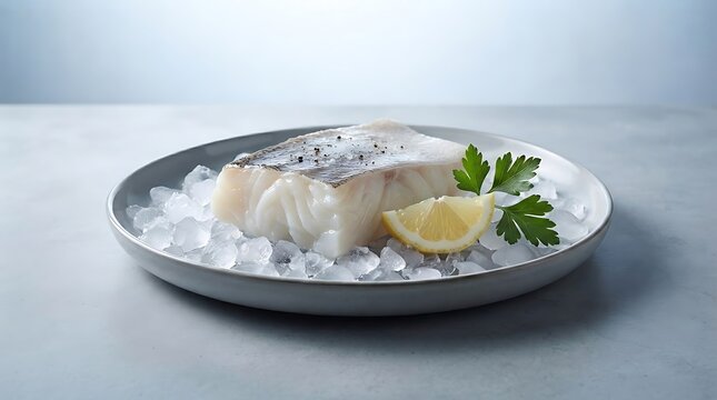 Fresh raw cod fish fillet on ice with lemon slice and parsley on a plate over light background