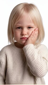 Studio portrait of a cute blonde toddler with freckles wearing a cream-colored knit sweater, holding one hand against their cheek with a pained, uncomfortable expression against a seamless w