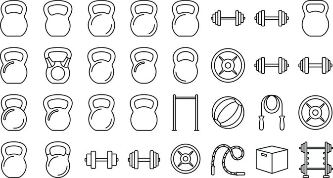 Fitness gym equipment icon set with kettlebell dumbbell weight plate jump rope crossfit workout training linear outline vector