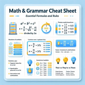 A cheat-sheet cover with essential math formulas and grammar rules printed on the front, Ai generated image
