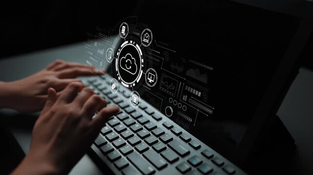 Hands Typing on a Keyboard with Digital Cloud Technology Interface and Data Visualizations in a Dark Setting. Entropy.