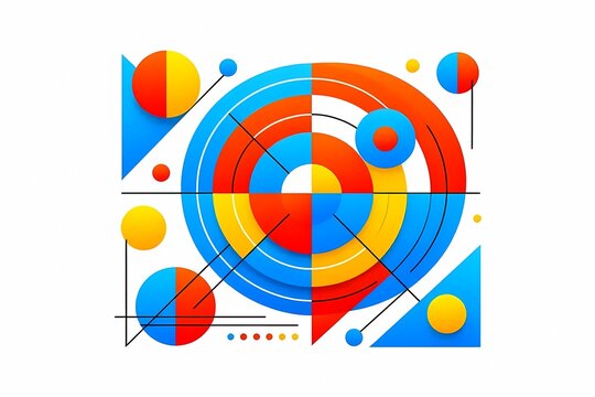 A strict geometric cover with intersecting circles, triangles, and parallel lines in primary colors, Ai generated image