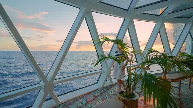 Young woman admires golden sunset through geometric glass windows aboard a cruise liner in the Caribbean Sea. Tropical palm plants decorate the elegant lounge with panoramic ocean views at dusk.