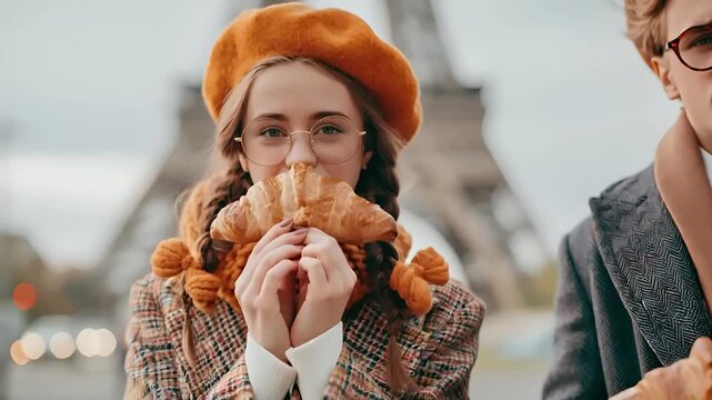Paris, France, Europe. A vibrant, candid portrait of two individuals, a man and a woman, standing in front of the Eiffel Tower in Paris, France. The woman, on the left.