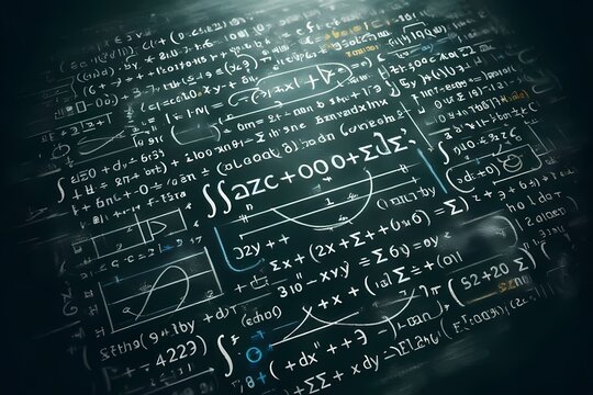 A seamless macro view of a calculus blackboard covered in differential equations and integral symbols, Ai generated image
